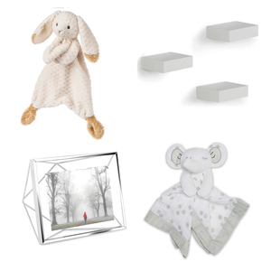 Silky Bunny Lovey with Grey Elephant Muslin Lovie, Showcase Shelves, and Prisma Photo Frames