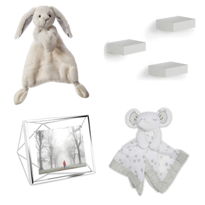 Silky Bunny Lovey with Grey Elephant Muslin Lovie, Showcase Shelves, and Prisma Photo Frames