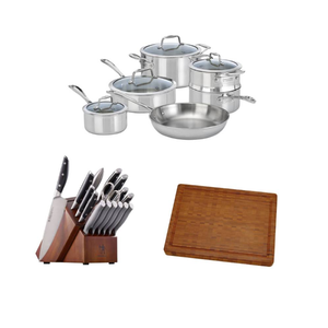 Vistaclad 10-piece Cookware Set with Elevation Knife Set and Large Bamboo Cutting Board