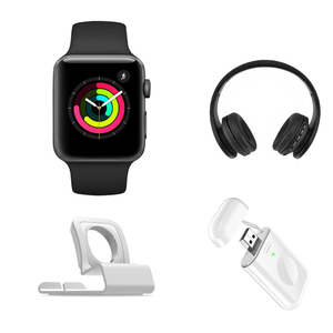 Apple Watch Series 3 with Bluetooth Headphones, Apple Watch Charger, and Apple Watch Holder