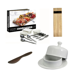 Charcuterie Board with Butter Dish, 10pc Charcuterie Tool Set, and Dark Acacia Spreader 6"