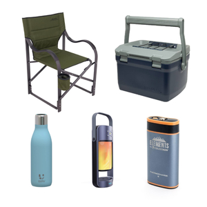 Camp Chair with Adventure Cooler 7qt, Alpha Flame LED Wireless Speaker, UV Light Hydro Bottle, and Elements Thermocharge 6 Multi-Tool