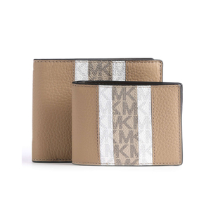 Pebbled Leather and Logo Stripe Billfold Wallet With Passcase Gift Set - Beige