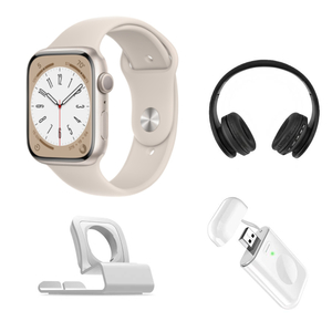 Apple Watch Series 8 GPS 41mm Regular - Starlight with Bluetooth Headphones, Apple Watch Charger, and Apple Watch Holder